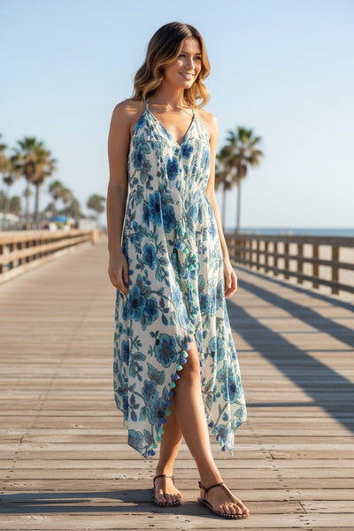 Maxi Halter Cover-Up Sundress in Denim Flowers Print