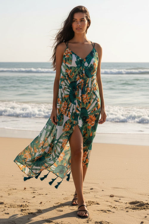 Maxi Halter Sundress Coverup in Asian Garden Orange Green Print 3