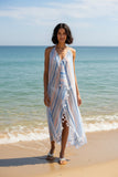 Maxi Halter Sundress Coverup in Beach Waves Powder Blue and Pink Print