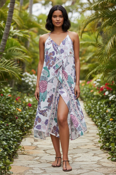 Maxi Halter Sundress Coverup  in Enchanting Blooms Satin White Floral Print