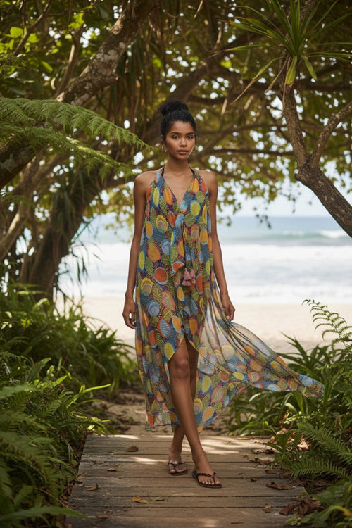 Maxi Halter Sundress Coverup in Guava Chic Luxury Modal Print