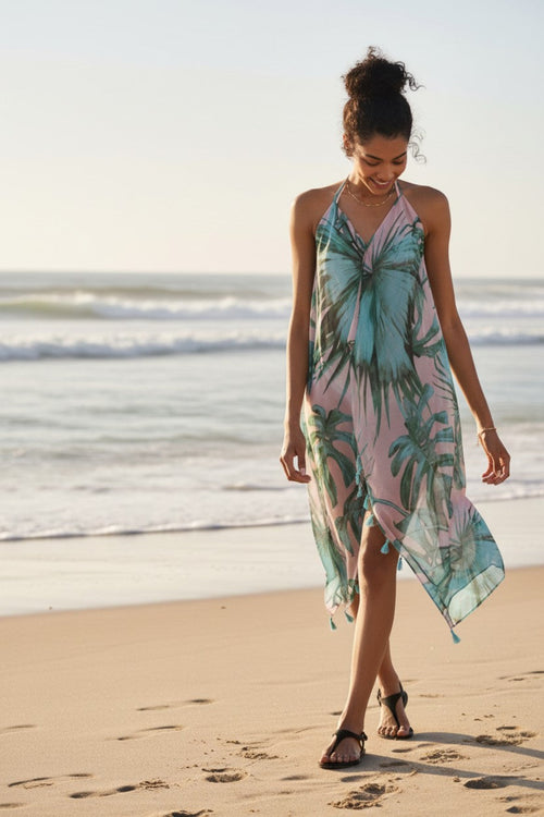 Maxi Halter Sundress Coverup in Tropical Pink and Green Long Beach Print