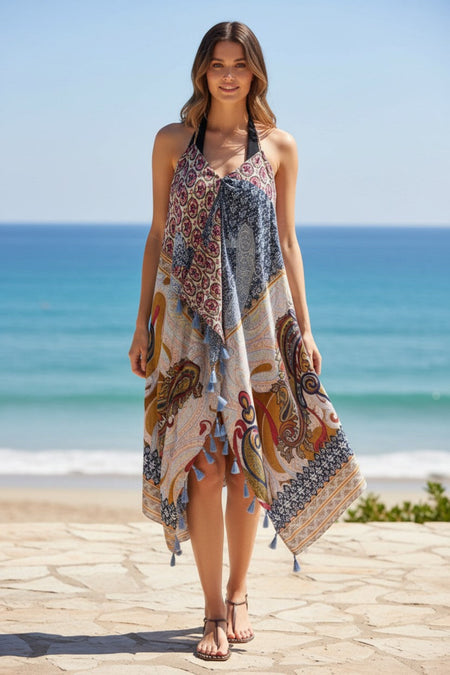 Open Shoulder Sundress Coverup in Tie Dye Black Mirror Fabric