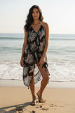 Maxi Tassel Sun Dress Coverup in Palm till Dusk Black with Tan Print