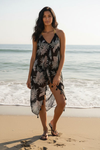 Maxi Tassel Sun Dress Coverup in Palm till Dusk Black with Tan Print