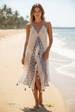 Maxi Tassel Sundress Coverup in May Showers Sheer Sheer Ivory with Grey Embroidery Border