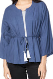 Meredith Linen Kimono Tassel Tie Front Panel Jacket Ocean Blue