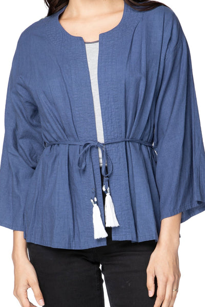 Meredith Linen Kimono Tassel Tie Front Panel Jacket Ocean Blue
