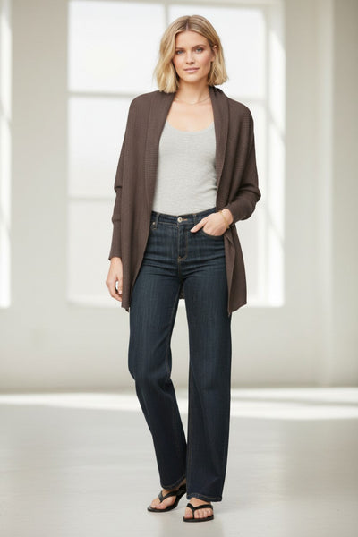 Mia Ribbed Crop Knit Cardigan Sweater in Zen Blend Yarn coco brown