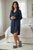 Miranda Rayon Button Front Satin Sleep Short Night Shirt navy blue