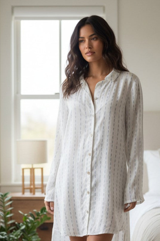 Miranda Satin Sleep Night Shirt Pajamas in White with Ditsy Blue Print