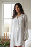 Miranda Satin Sleep Night Shirt Pajamas in White with Ditsy Blue Print