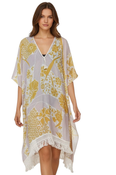 Morning Song Gold Print Fringe Kaftan Cover-Up