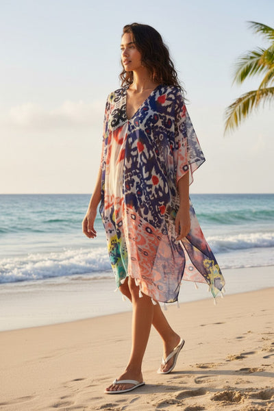 Mystic Relic Soft and Sheer Print V-Neck Kaftan Sundress Cover-Up