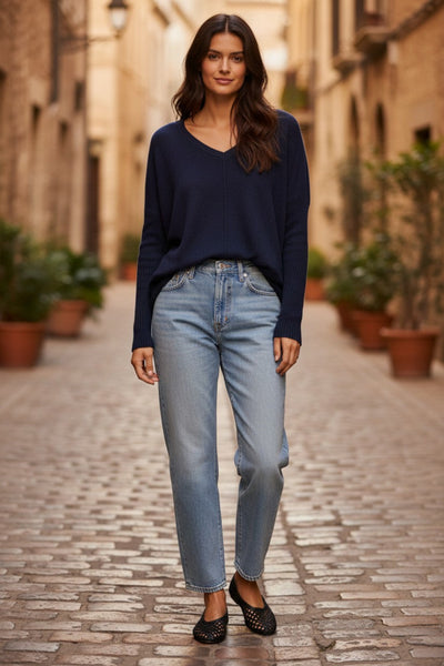 Nelly Washable Cashmere V-neck Pullover Oversized Sweater french bue navy 2
