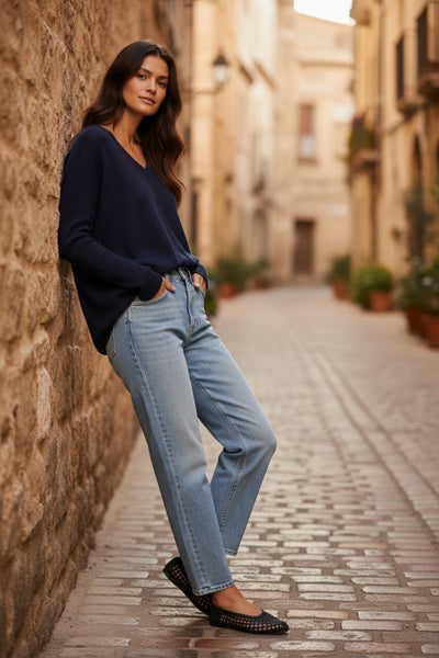 Nelly Washable Cashmere V-neck Pullover Oversized Sweater french bue navy