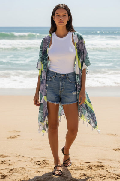 Neon Tropics Lemon Bright Palm Print in Kimono Coverup 2
