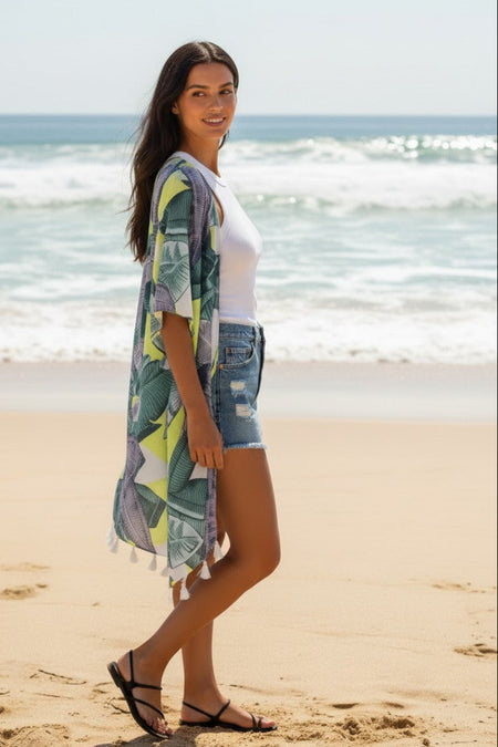 Leaves on the Wind Pastel Luxury Modal Print Made into a Kimono Coverup