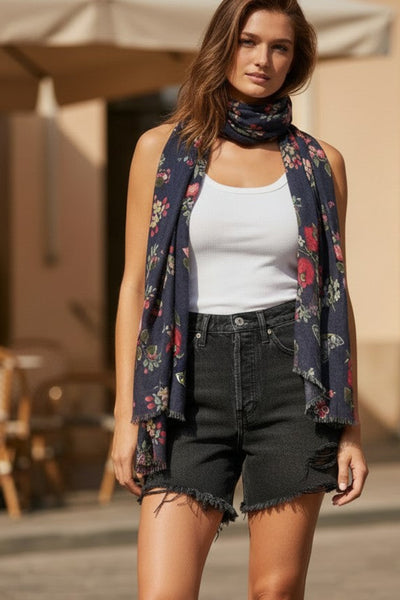 Night Flowers Print Scarf, Wrap and Sarong in Navy