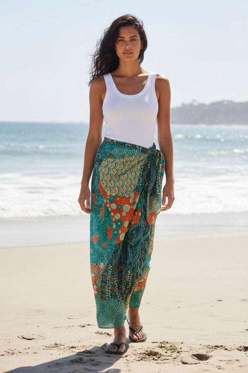 Okinawa PatchworknLuxury Print Sarong Wrap Scarf in Deep Green