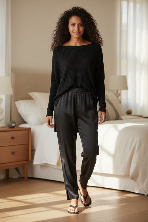 On the Horizon Boatneck Rib Knit Novelty Sweater in Paradise Blend black