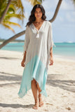Open-Shoulder Cover-Up Kaftan Dress in Two-Tone Getaway Aqua Woven Fabric