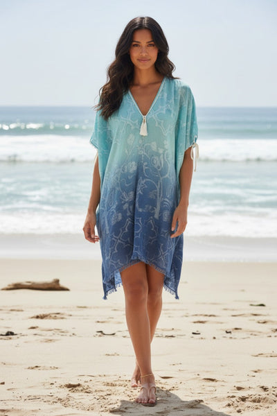 Open-Shoulder Dress in Hand-Loomed Dip-Dye Woven Shine Fabric blue, ocean blue