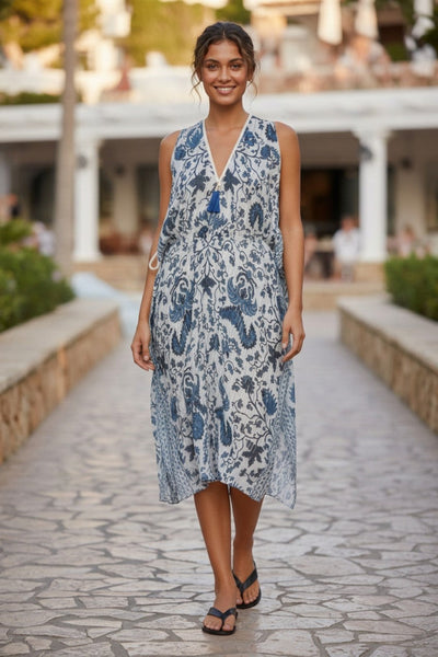 Open-Shoulder Sundress Cover-Up in Noble Cockerel Batik Blue Print
