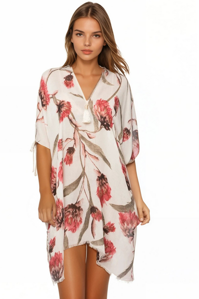 Open-Shoulder Sundress Cover-Up in Summer Romance Woven Shine Print white