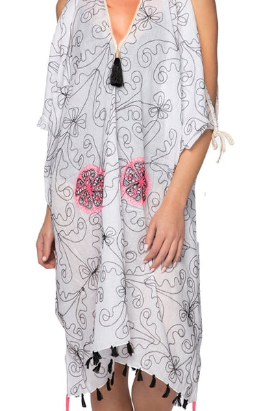 Open Shoulder Cotton Sundress Coverup in Flower Stitches Embroidery black embroidery pink