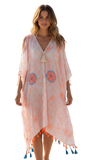 Open Shoulder Cotton Sundress Coverup in Flower Stitches Embroidery orange blue on white