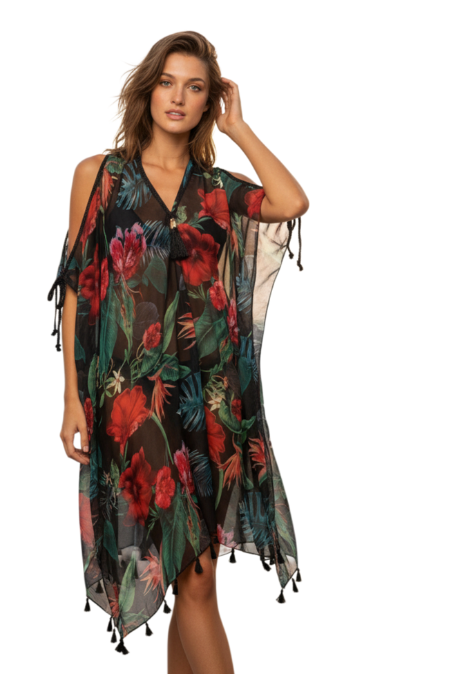 Open Shoulder Dress in Hibiscus Garden Print | Tropical Beach Cover-Up