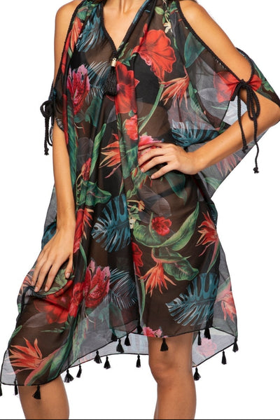 Open Shoulder Dress in Hibiscus Garden Print | Tropical Beach Cover-Up