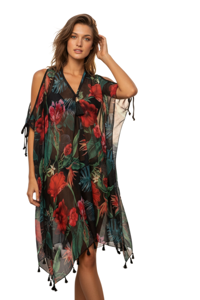 Open Shoulder Dress in Hibiscus Garden Print | Tropical Beach Cover-Up