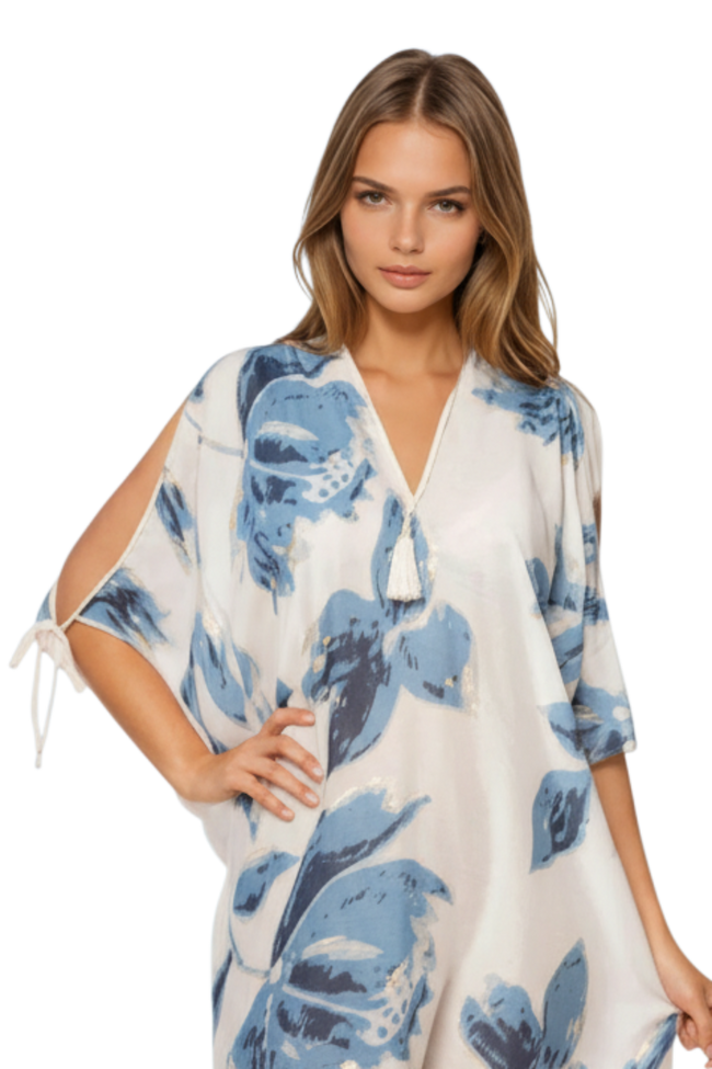 Open Shoulder Sundress Coverup in Blue Bonnet Print blue color