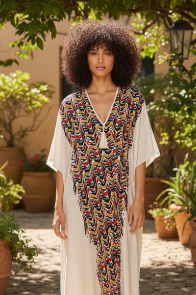 Open Shoulder Sundress Coverup in Chevron River Print with Tassel Natural