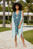 Open Shoulder Sundress Coverup in Chevron River Print with Tassel blue