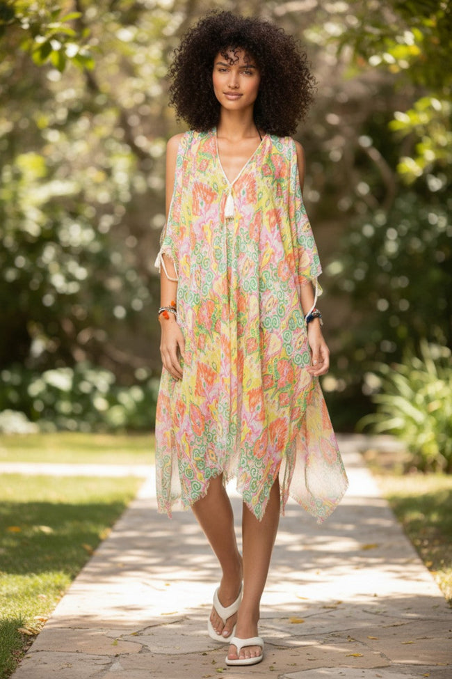 Open Shoulder Sundress Coverup in Day Dreamer Cotton Print Coral