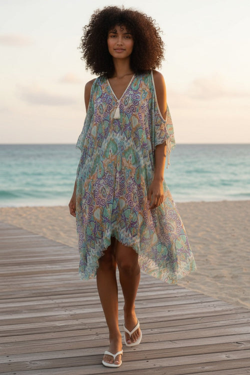 Open Shoulder Sundress Coverup in Day Dreamer Cotton Print aqua