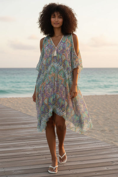 Open Shoulder Sundress Coverup in Day Dreamer Cotton Print aqua