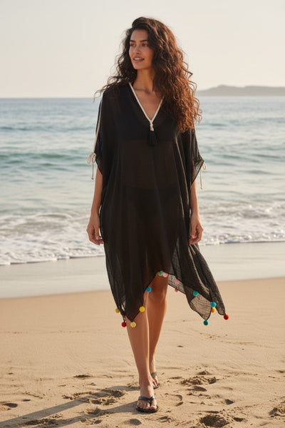 Open Shoulder Sundress Coverup in Rainbow Pom Pom black