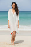 Open Shoulder Sundress Coverup in Rainbow Pom Pom white