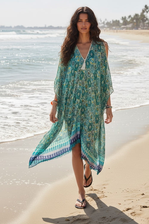 Open Shoulder Sundress Coverup in Venetian Tiles Teal Blue Print