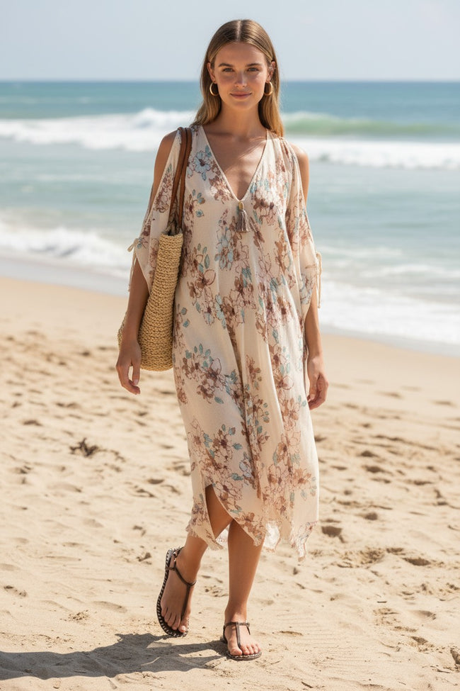 Open Shoulder Sundress Coverup in Watercolor Garden Print ivory 2 mood petal