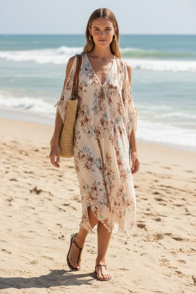 Open Shoulder Sundress Coverup in Watercolor Garden Print ivory 2 mood petal