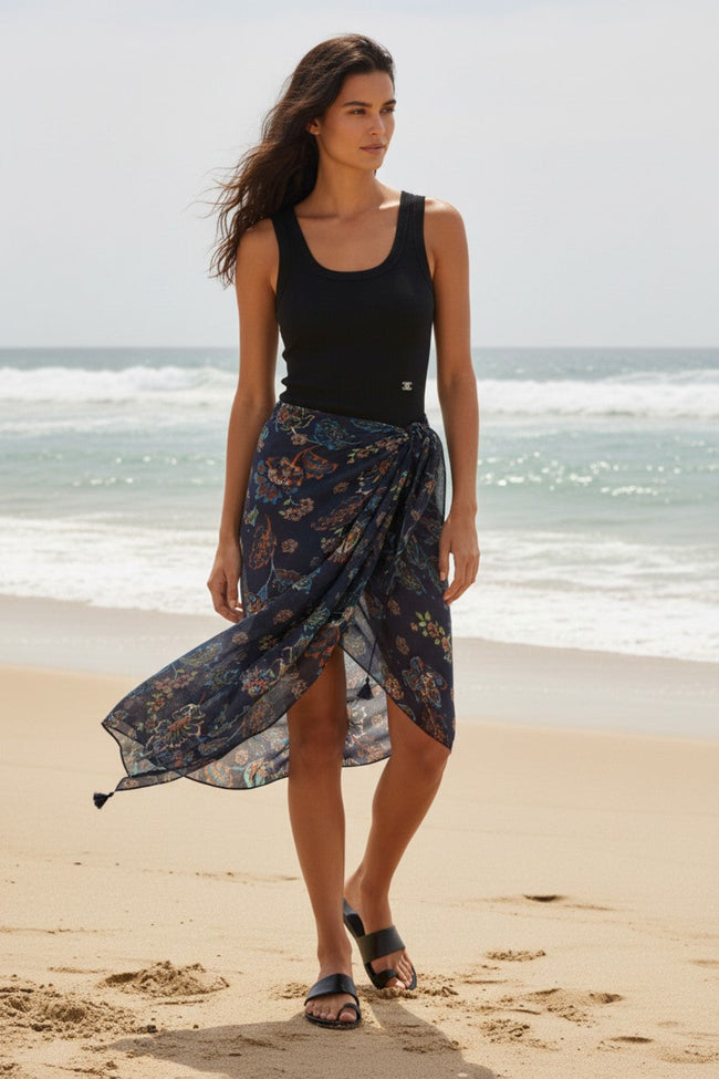 Orange and Teal Dark Blue Multil Print Scarf Wrap Sarong with Sequins