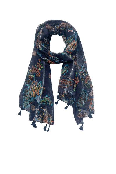 Orange and Teal Dark Blue Multil Print Scarf Wrap with Sequins