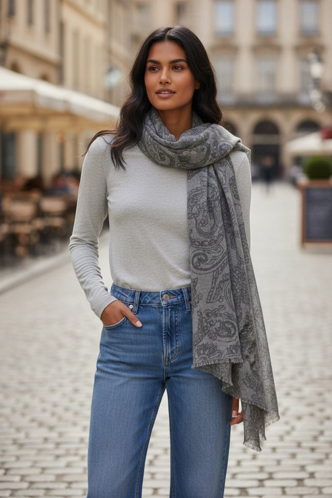 Orchid Scrol Grey =-Charcoal l Extra Fine Wool Printed Scarf Wrap 2