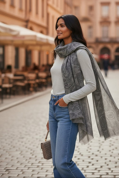 Orchid Scrol Grey =-Charcoal l Extra Fine Wool Printed Scarf Wrap
