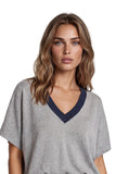 Oversized Border V-Neck Knit Poncho Sweater in Cotton Cashmere Blend Black Grey 3

